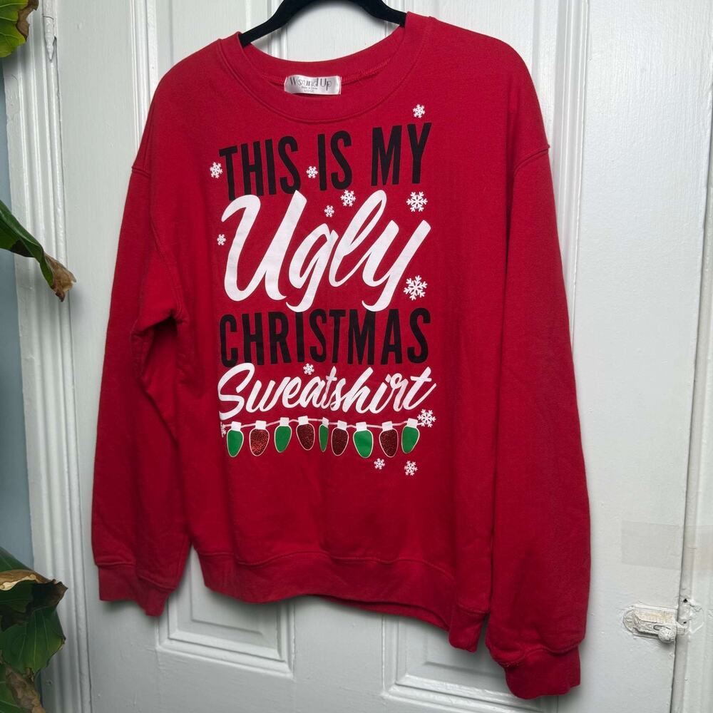 Ugly Christmas Sweatshirt Holiday Lights Red Crewneck Womens Large *Washwear*